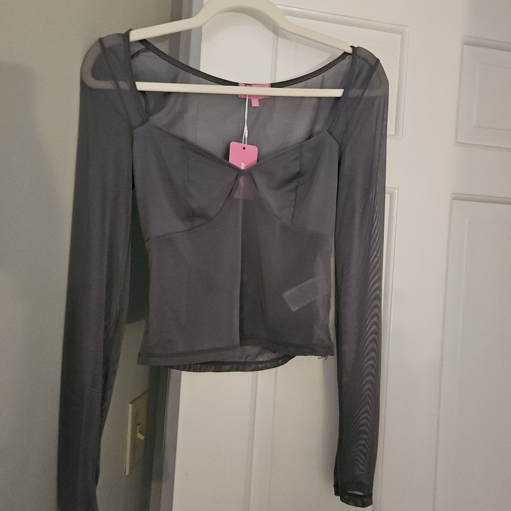 Sheer Mesh Long Sleeve Top in Charcoal